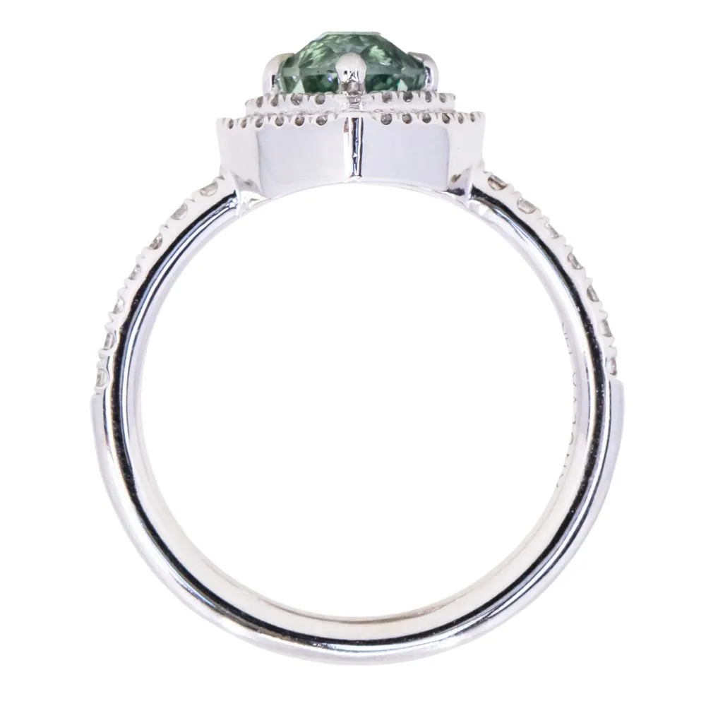 1.23ct Minty Montana Sapphire Double Diamond Halo Ring in 14K White Gold