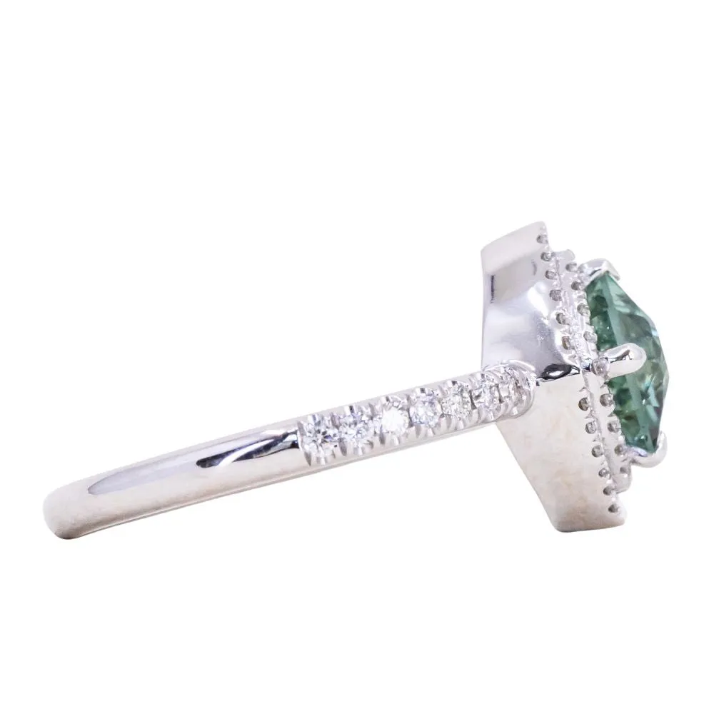 1.23ct Minty Montana Sapphire Double Diamond Halo Ring in 14K White Gold