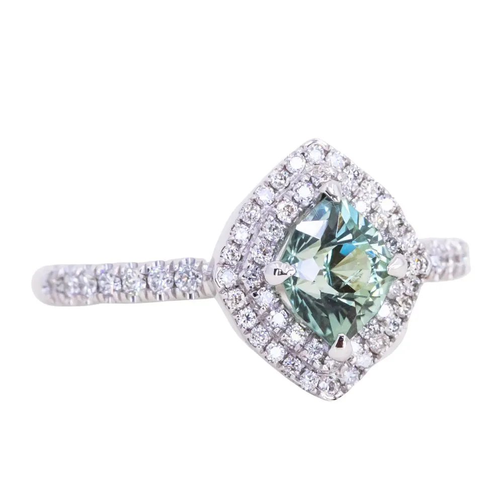 1.23ct Minty Montana Sapphire Double Diamond Halo Ring in 14K White Gold