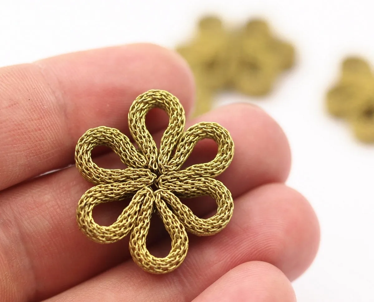 2 Raw Brass Wire Mesh Flower Findings 27x5.5 Mm  D0023--C047