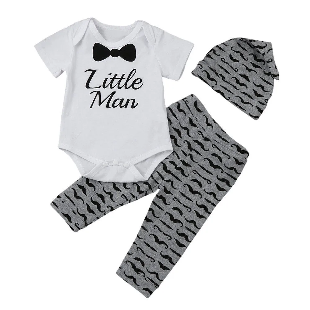 3 Piece Baby Boy Bow Tie Little Man Short Sleeve Onesie, Pants, and Hat Set