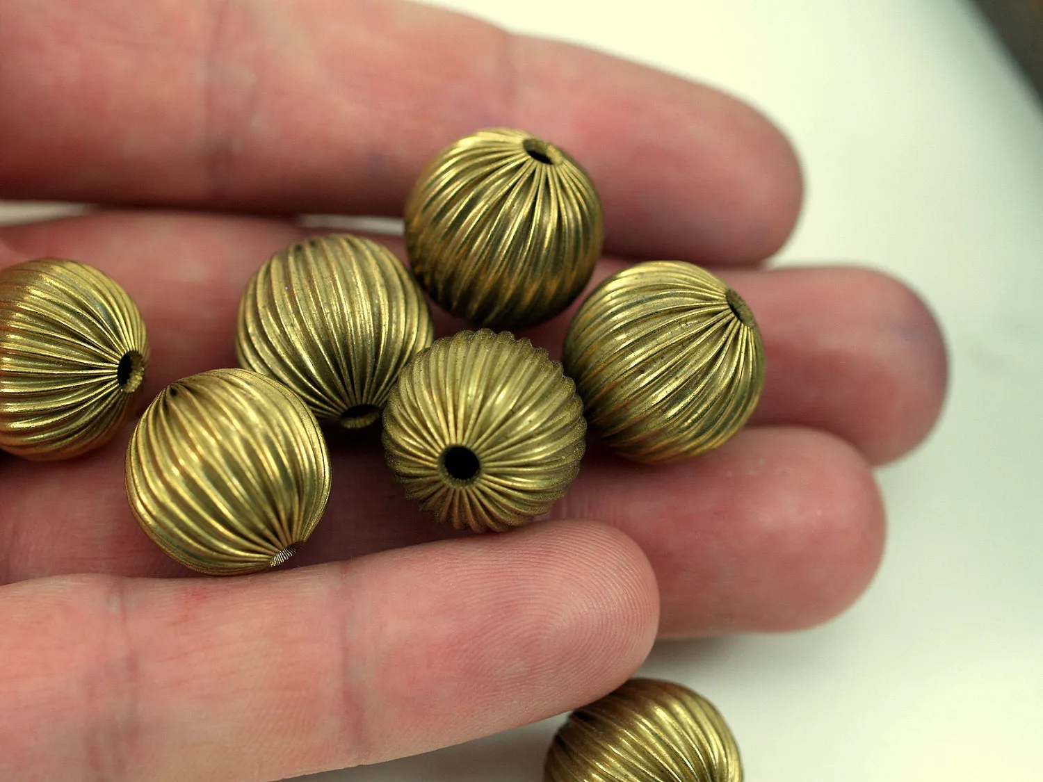 5 Vintage Raw Brass Crimped Textured 16mm Round Hollow Beads K464