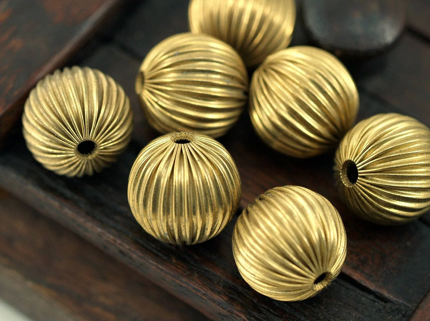 5 Vintage Raw Brass Crimped Textured 16mm Round Hollow Beads K464