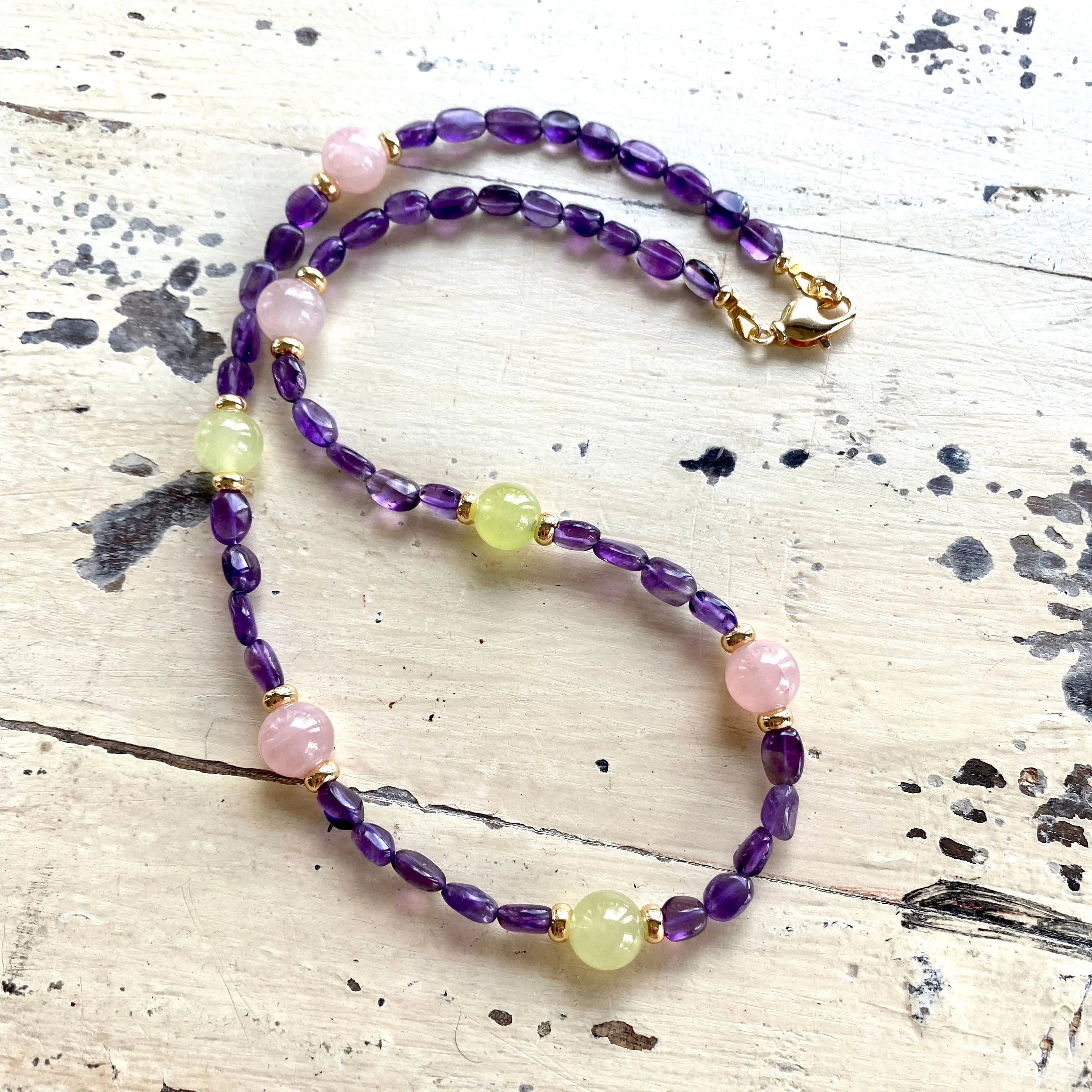 Amethyst Bonbons Necklace w Rose Quartz & Lime Green Jade Accent Beads, Gold Plated, 19in