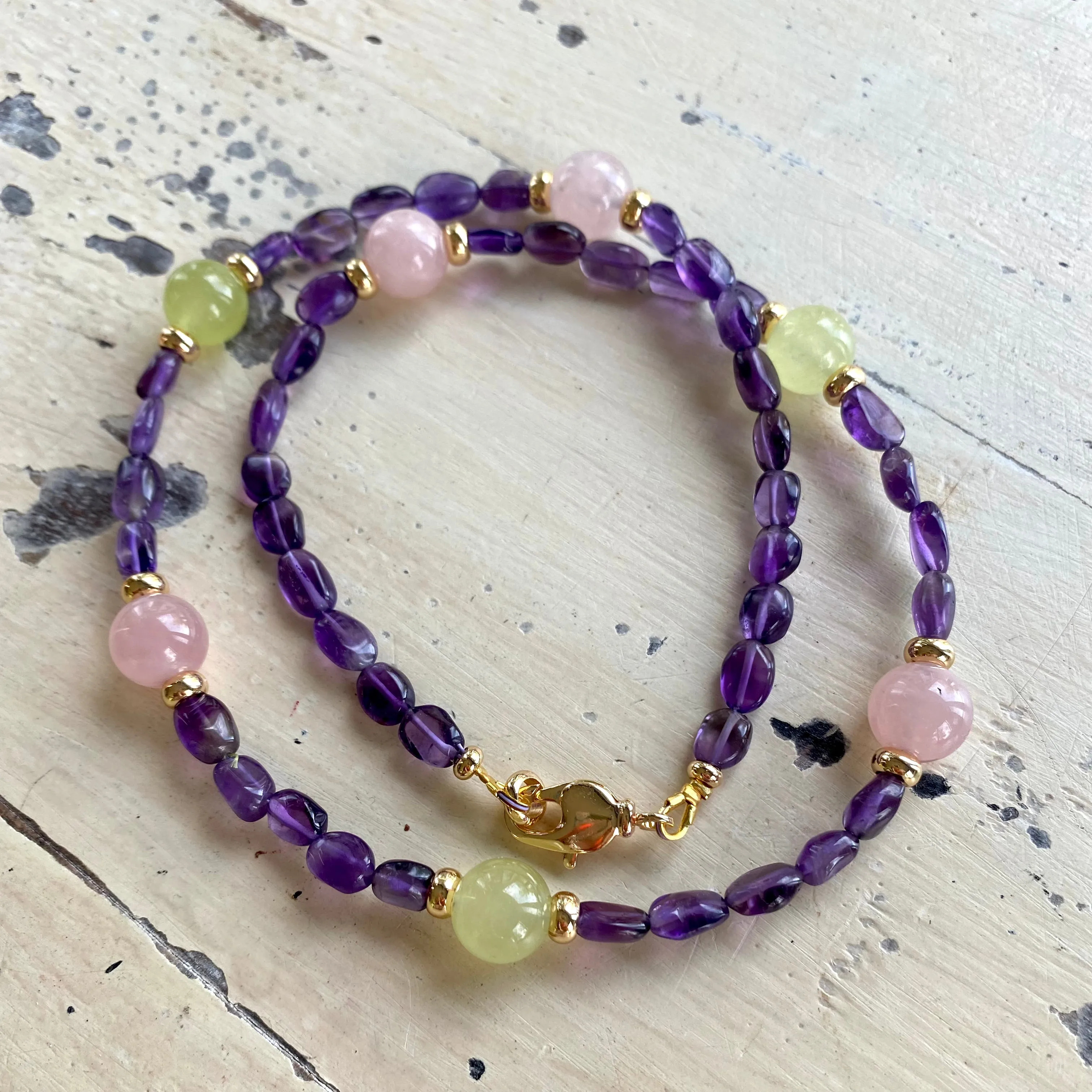 Amethyst Bonbons Necklace w Rose Quartz & Lime Green Jade Accent Beads, Gold Plated, 19in