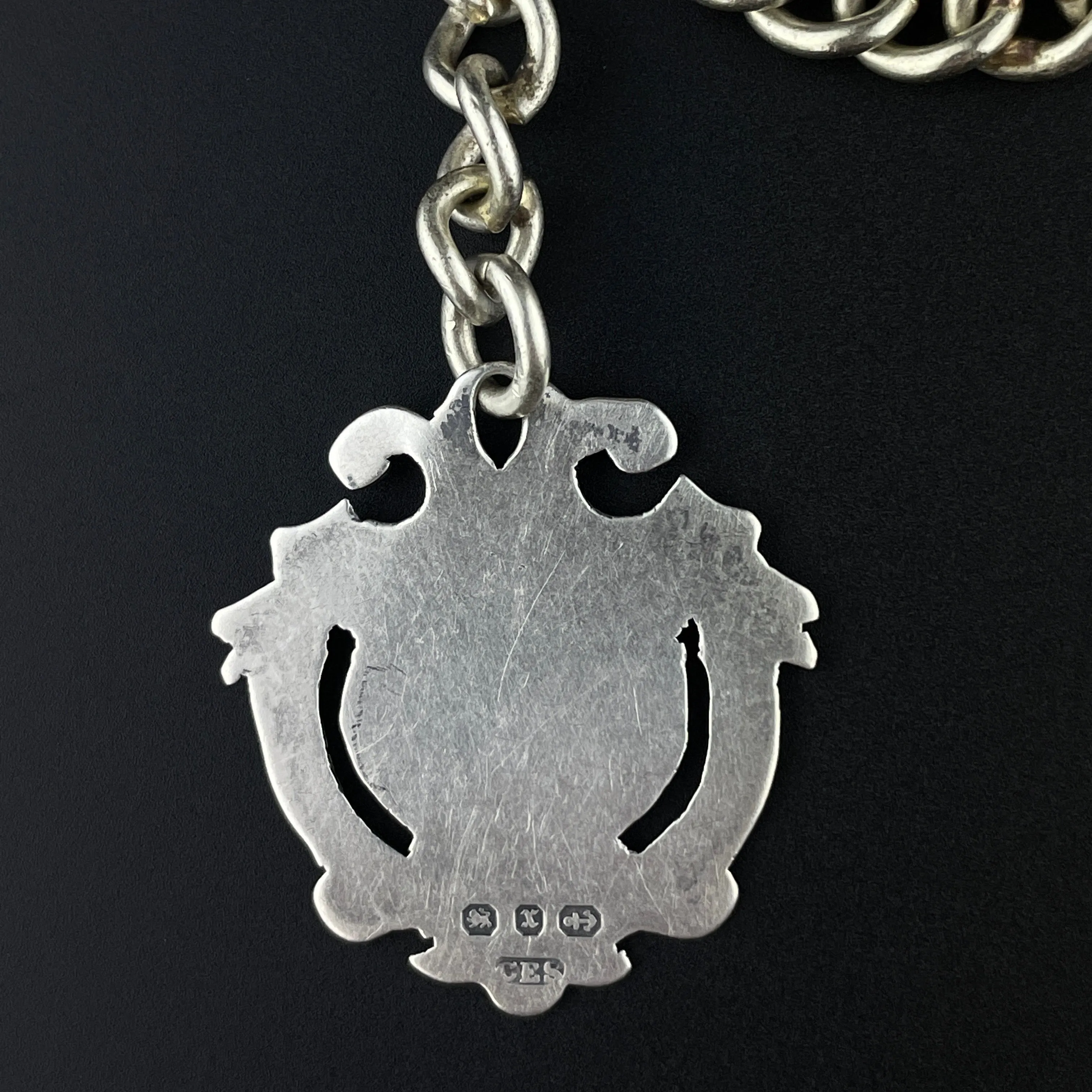 Antique Edwardian Silver Watch Chain Shield Medallion Necklace