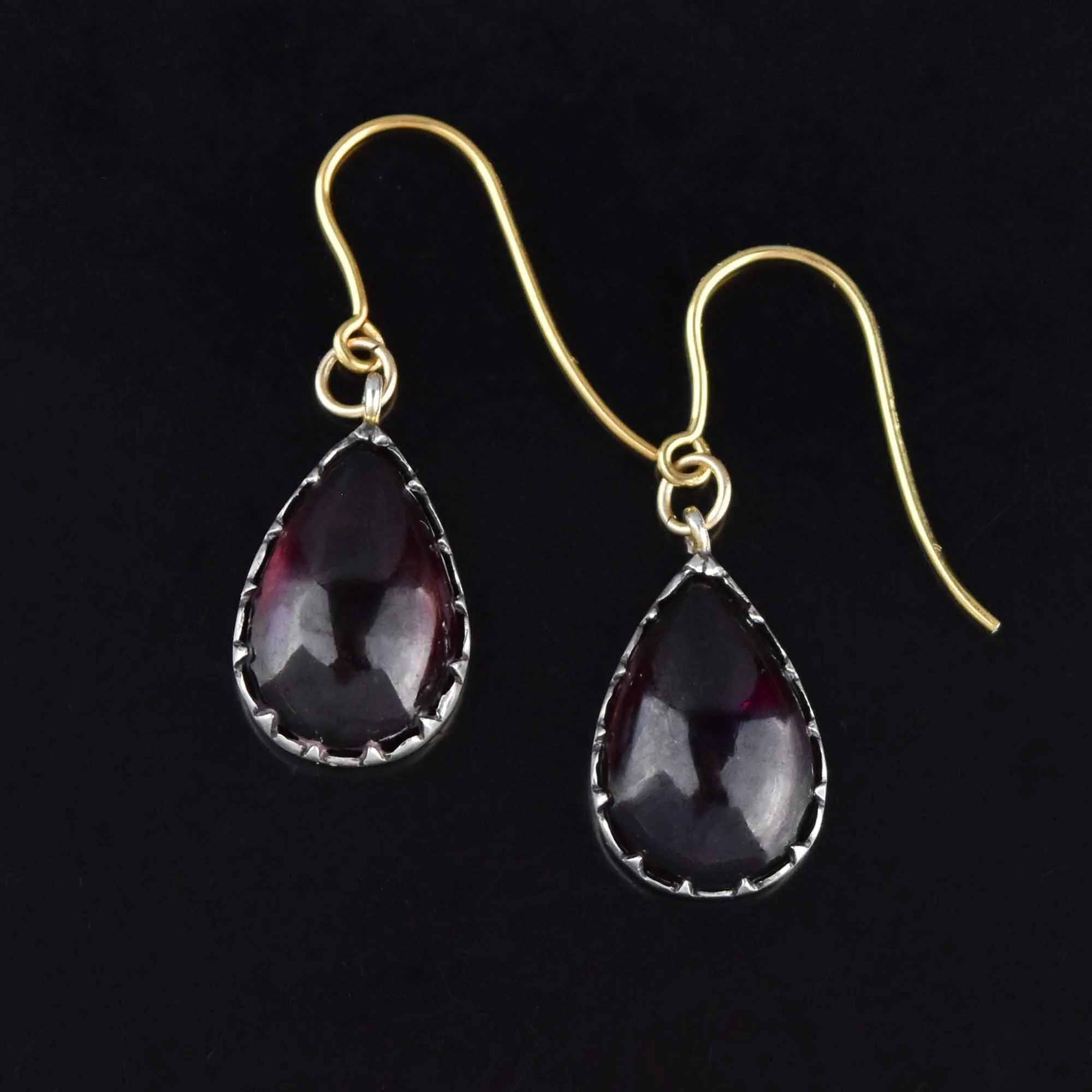 Antique Pear Cabochon Garnet Earrings, Pierced Dangle