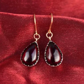 Antique Pear Cabochon Garnet Earrings, Pierced Dangle