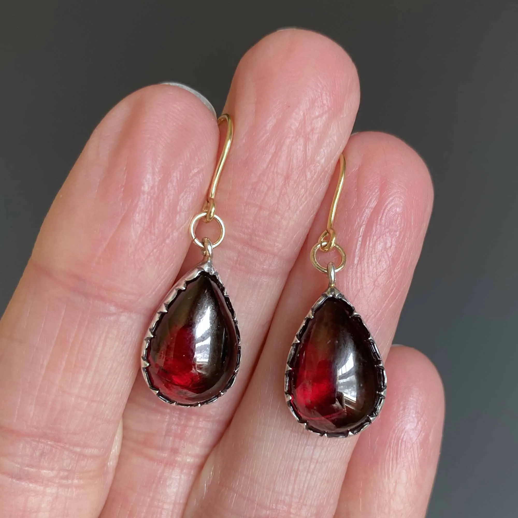 Antique Pear Cabochon Garnet Earrings, Pierced Dangle