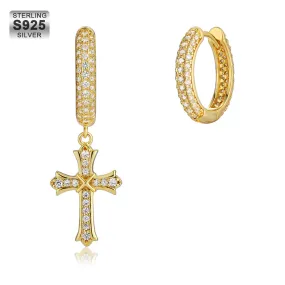 Asymmetric Gold Hoop Earrings for Men with CZ Dangle Cross KRKC