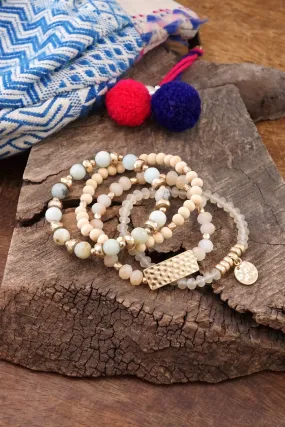 Beaded Bracelets stack of 4 piece with Natural Wood and Semi Precious Amazonite stones glass golden coin