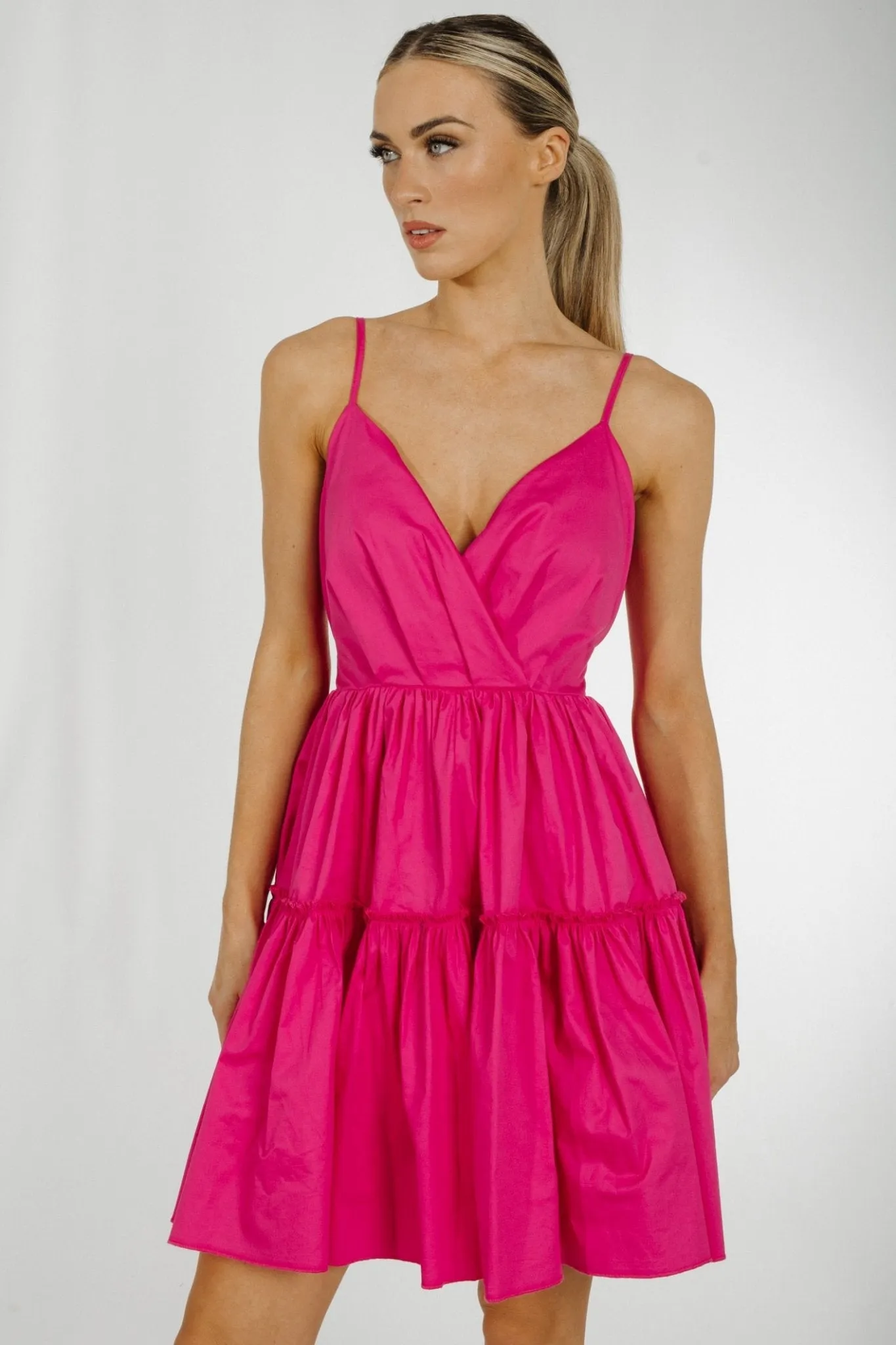 Becca Tie Waist Tiered Dress In Cerise