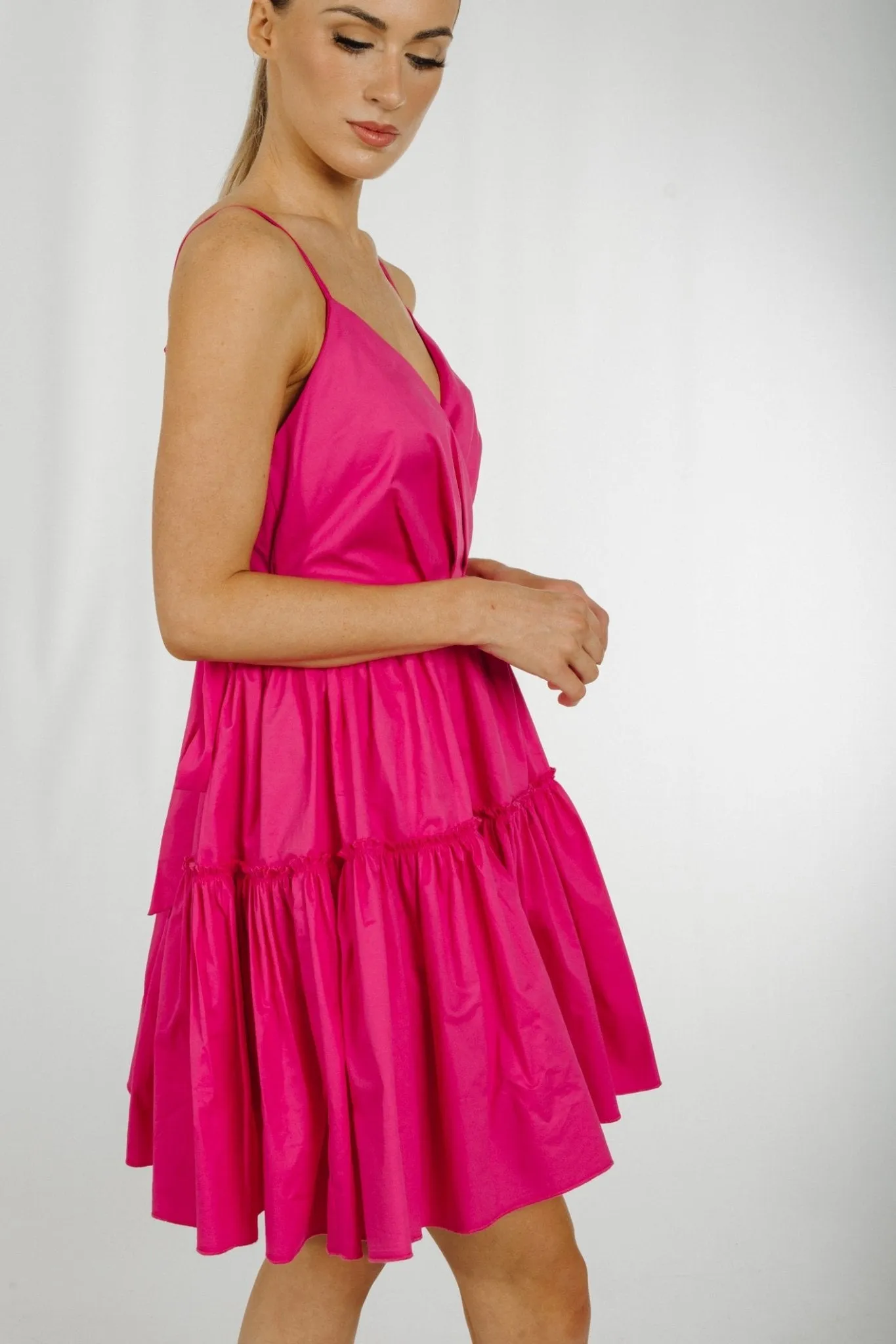 Becca Tie Waist Tiered Dress In Cerise