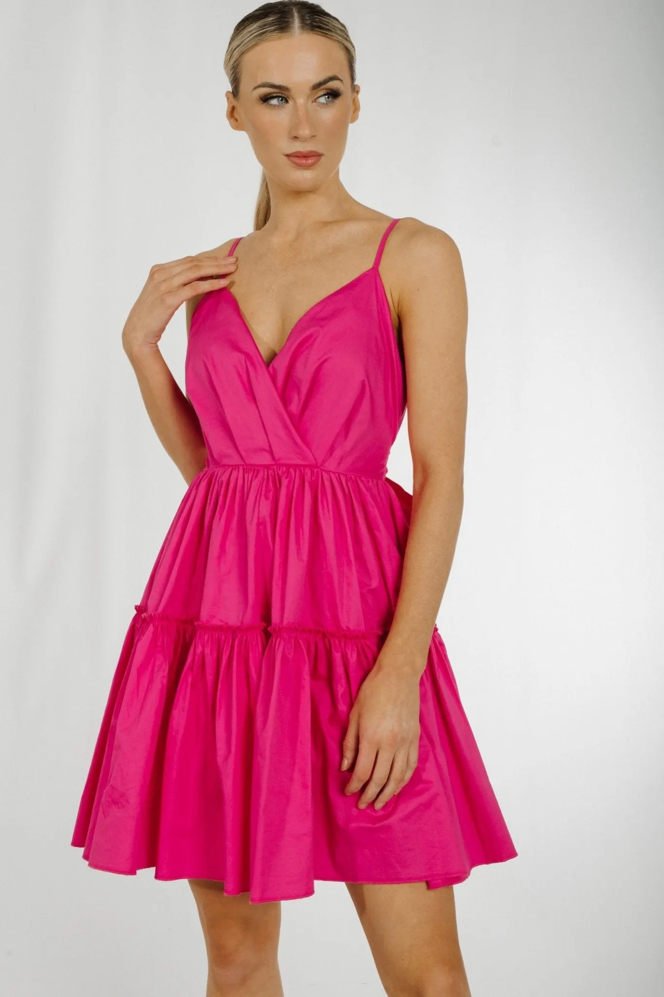 Becca Tie Waist Tiered Dress In Cerise