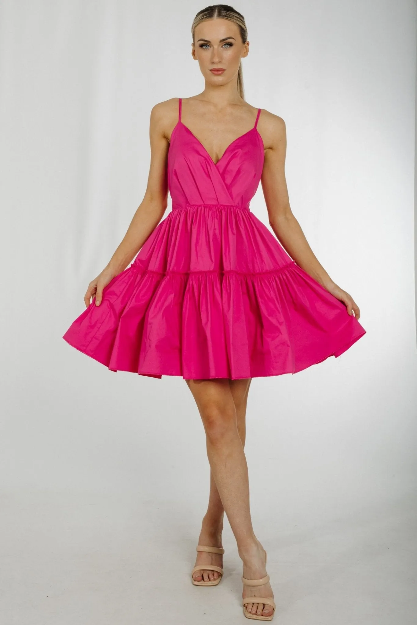 Becca Tie Waist Tiered Dress In Cerise