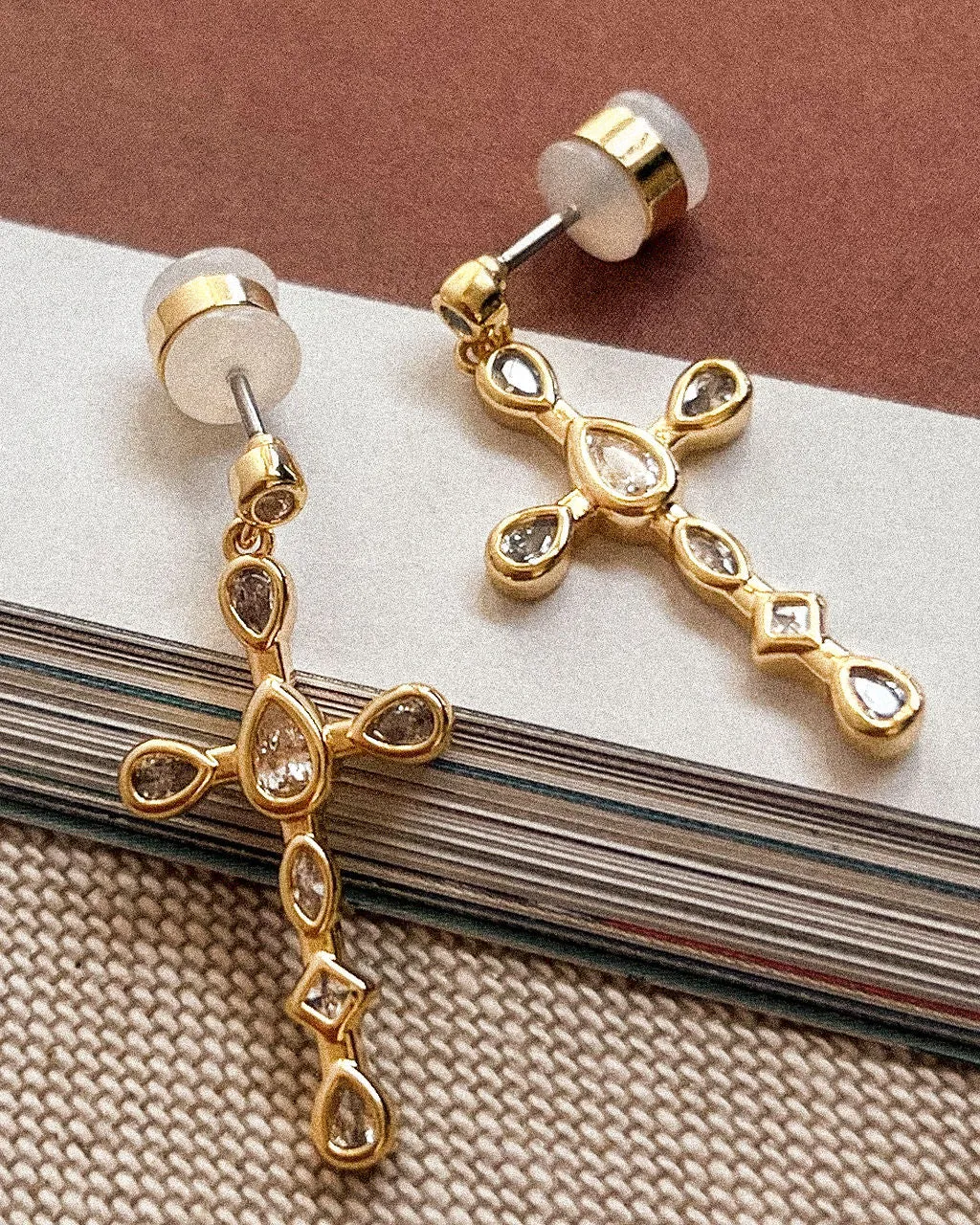 Bezel Stone Cross Studs- Silver