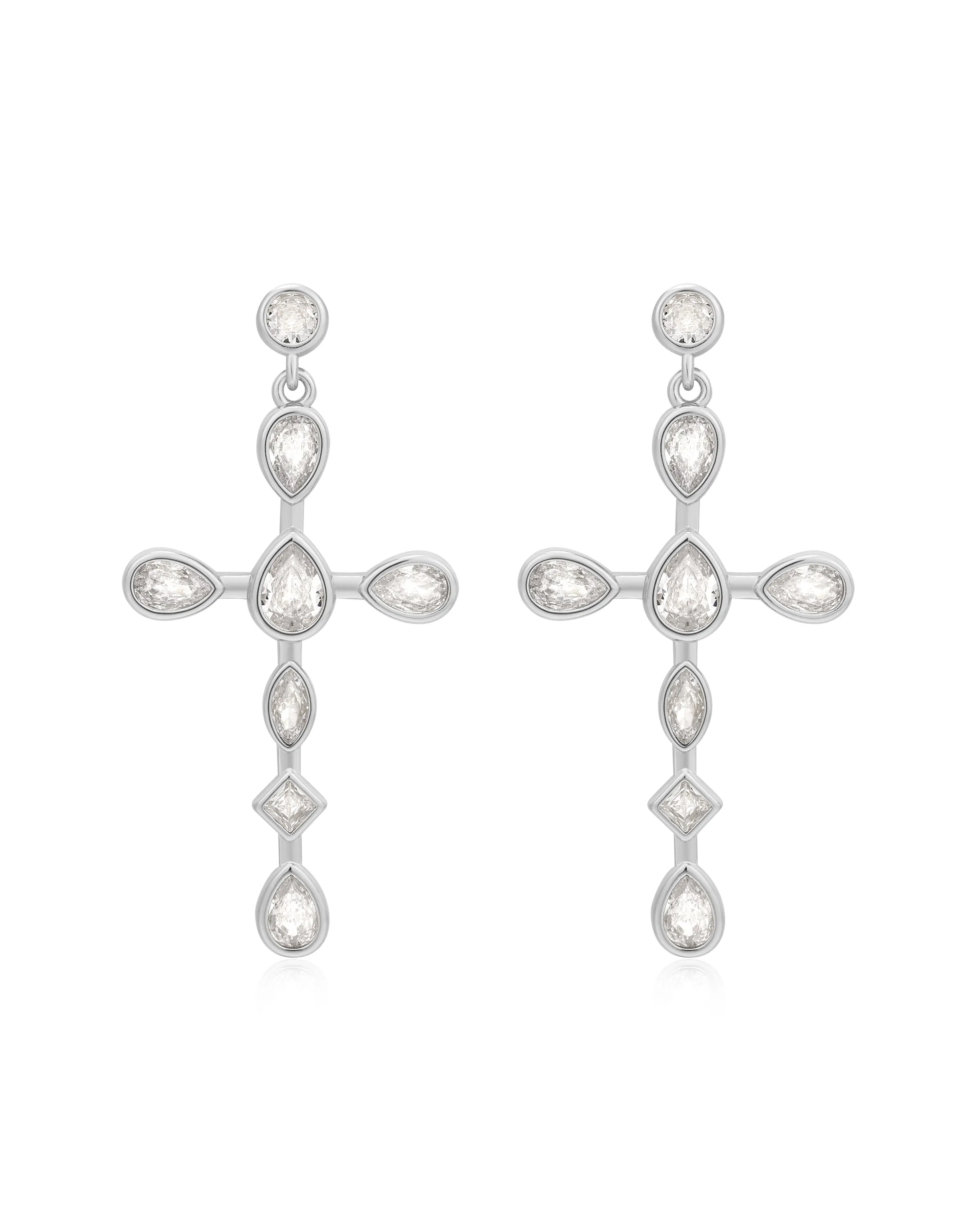 Bezel Stone Cross Studs- Silver