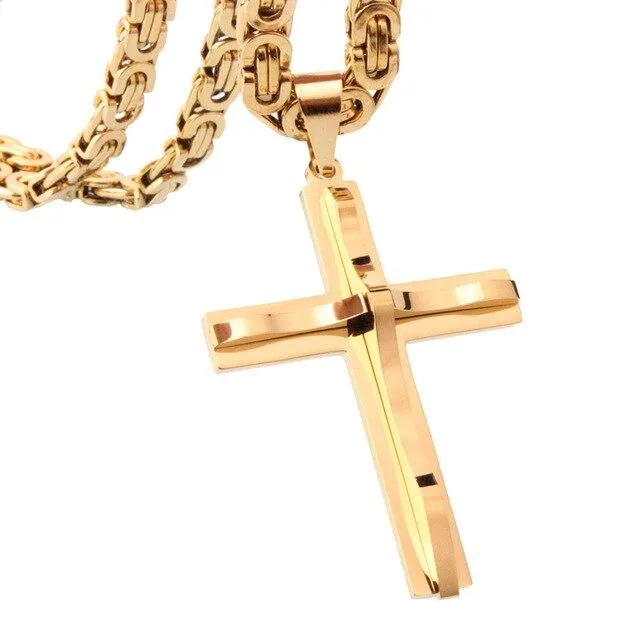 Black & Gold Cross Pendant with Wavy Metal Overlay and Byzantine Chain Necklace