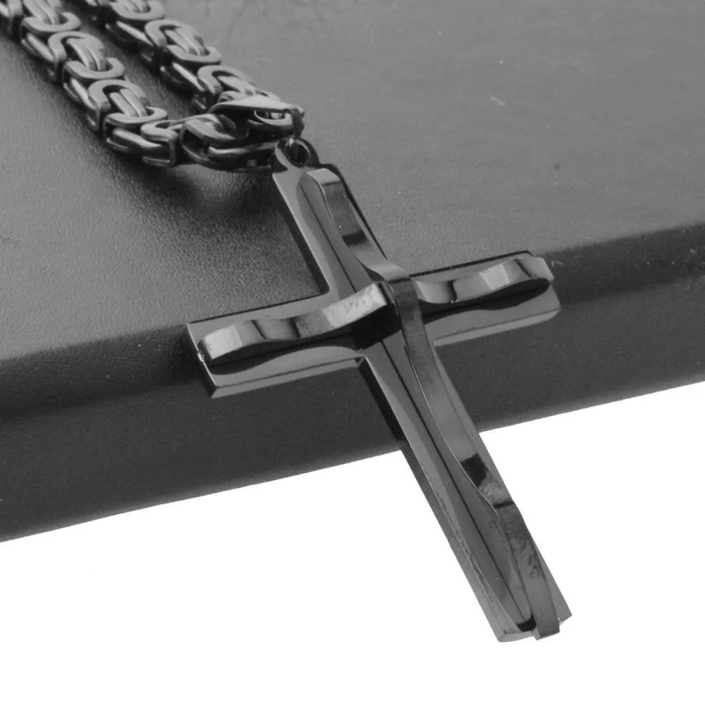 Black & Gold Cross Pendant with Wavy Metal Overlay and Byzantine Chain Necklace