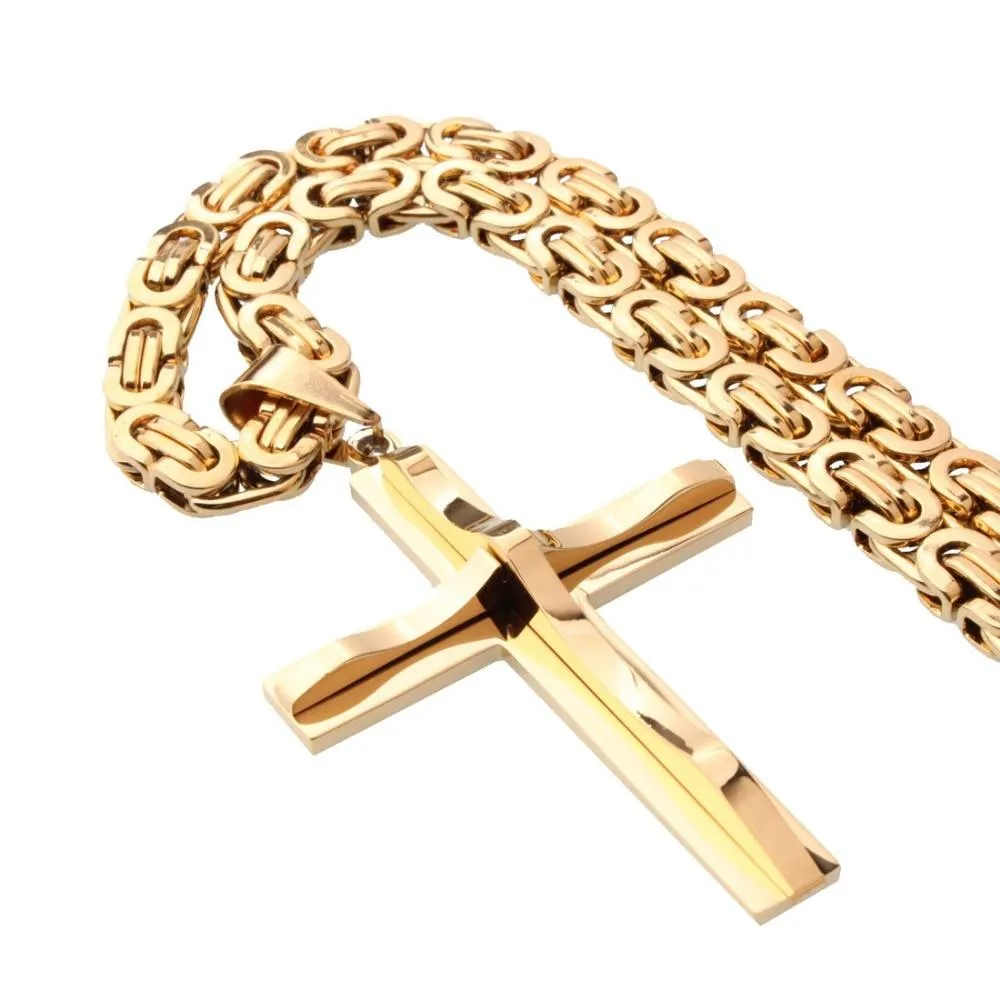 Black & Gold Cross Pendant with Wavy Metal Overlay and Byzantine Chain Necklace