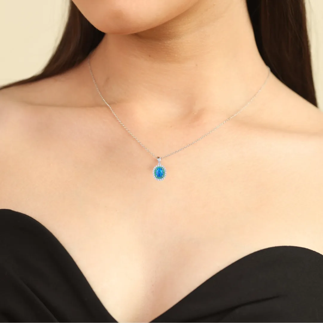 Blue Opal Oval Halo Necklace