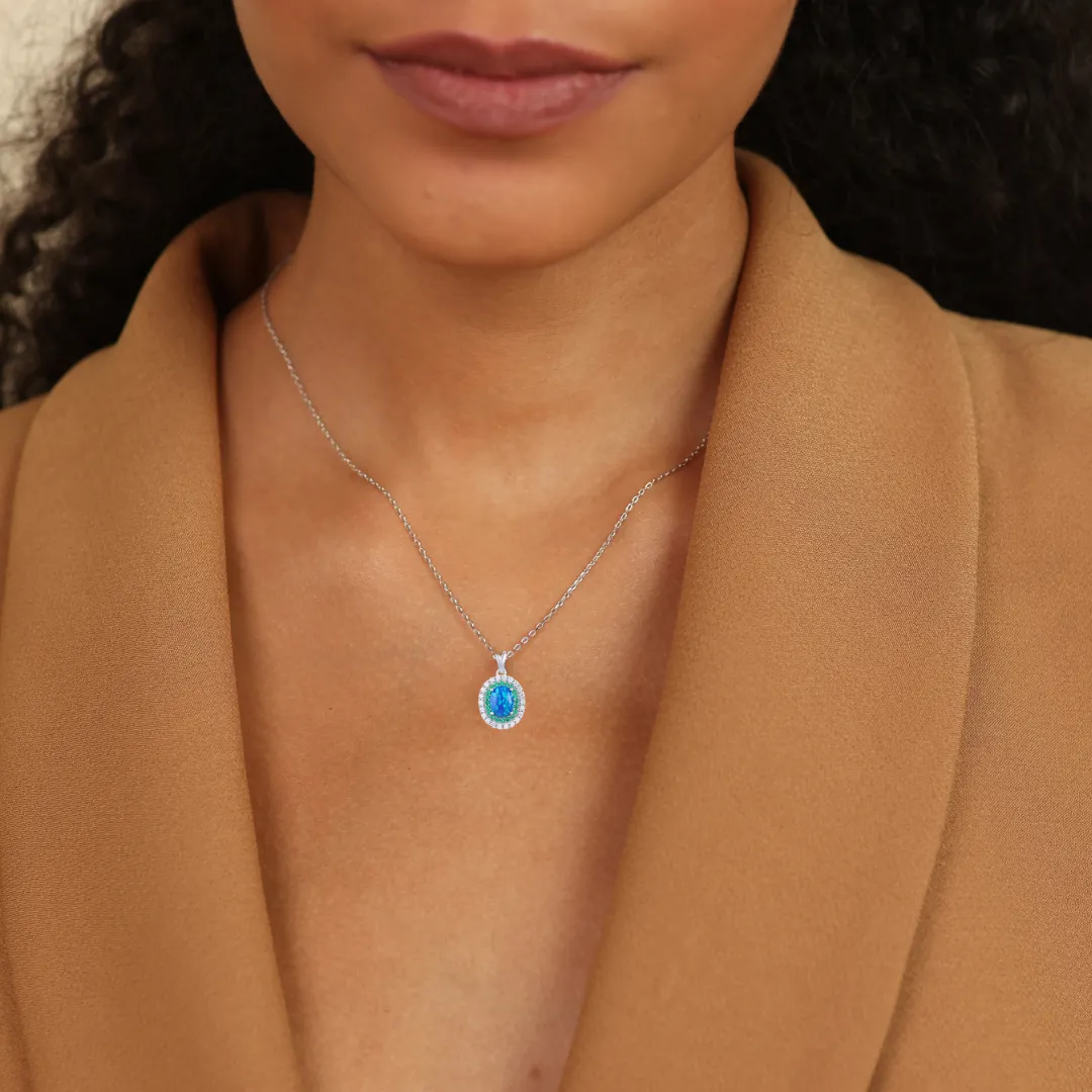 Blue Opal Oval Halo Necklace