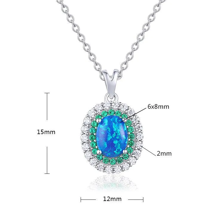 Blue Opal Oval Halo Necklace