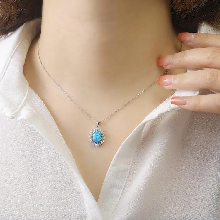 Blue Opal Oval Halo Necklace