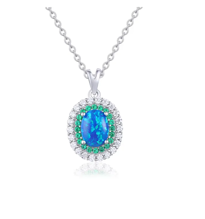 Blue Opal Oval Halo Necklace