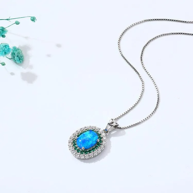 Blue Opal Oval Halo Necklace