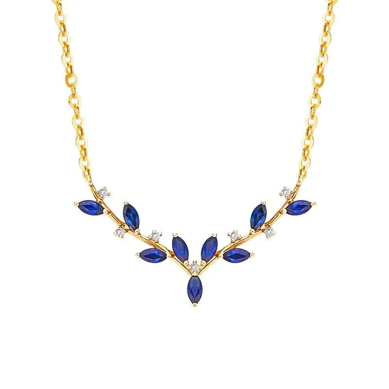 Blue Stylish CZ Leaves Pendant Necklace Link Chain - 925 Sterling Silver