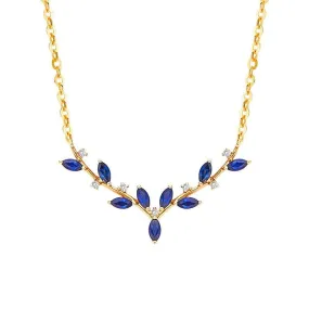 Blue Stylish CZ Leaves Pendant Necklace Link Chain - 925 Sterling Silver