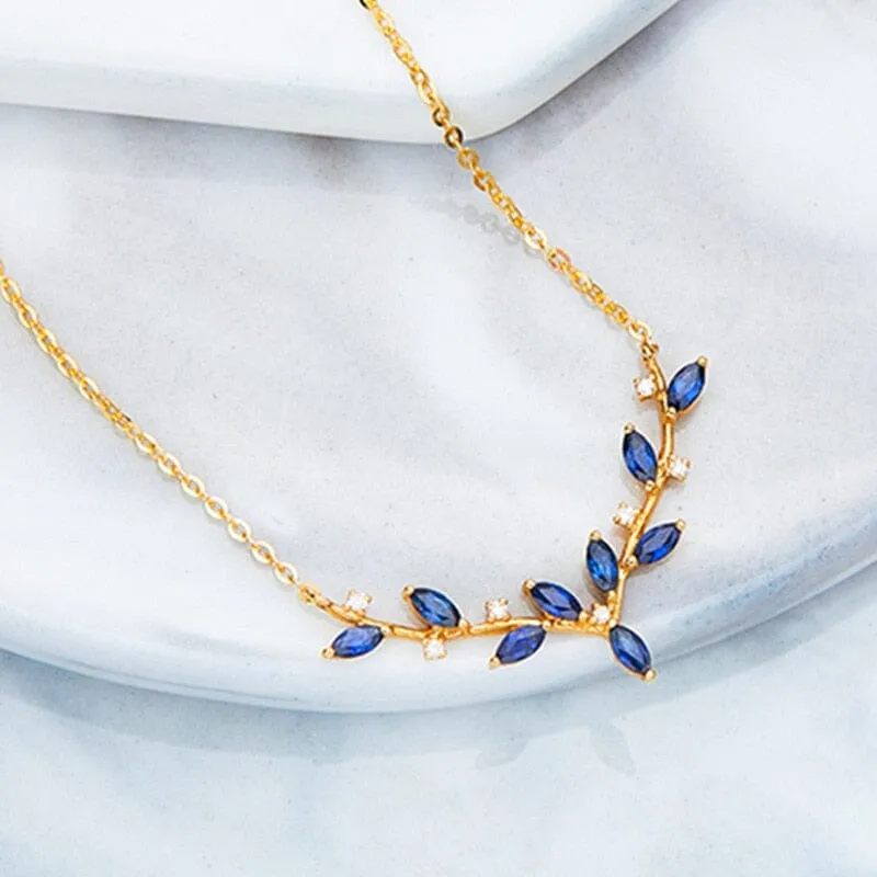 Blue Stylish CZ Leaves Pendant Necklace Link Chain - 925 Sterling Silver