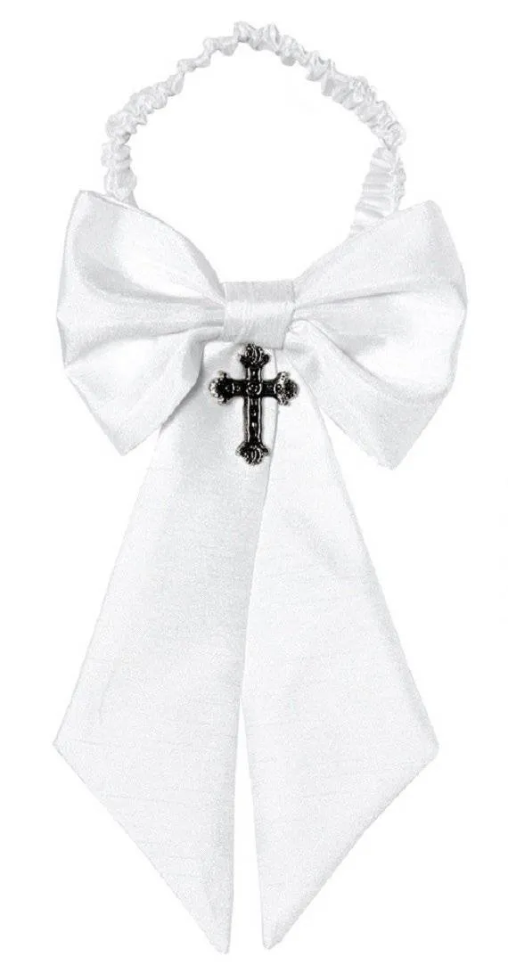 Boys First Holy Communion White Silk Shantung Armband with Religious Cross