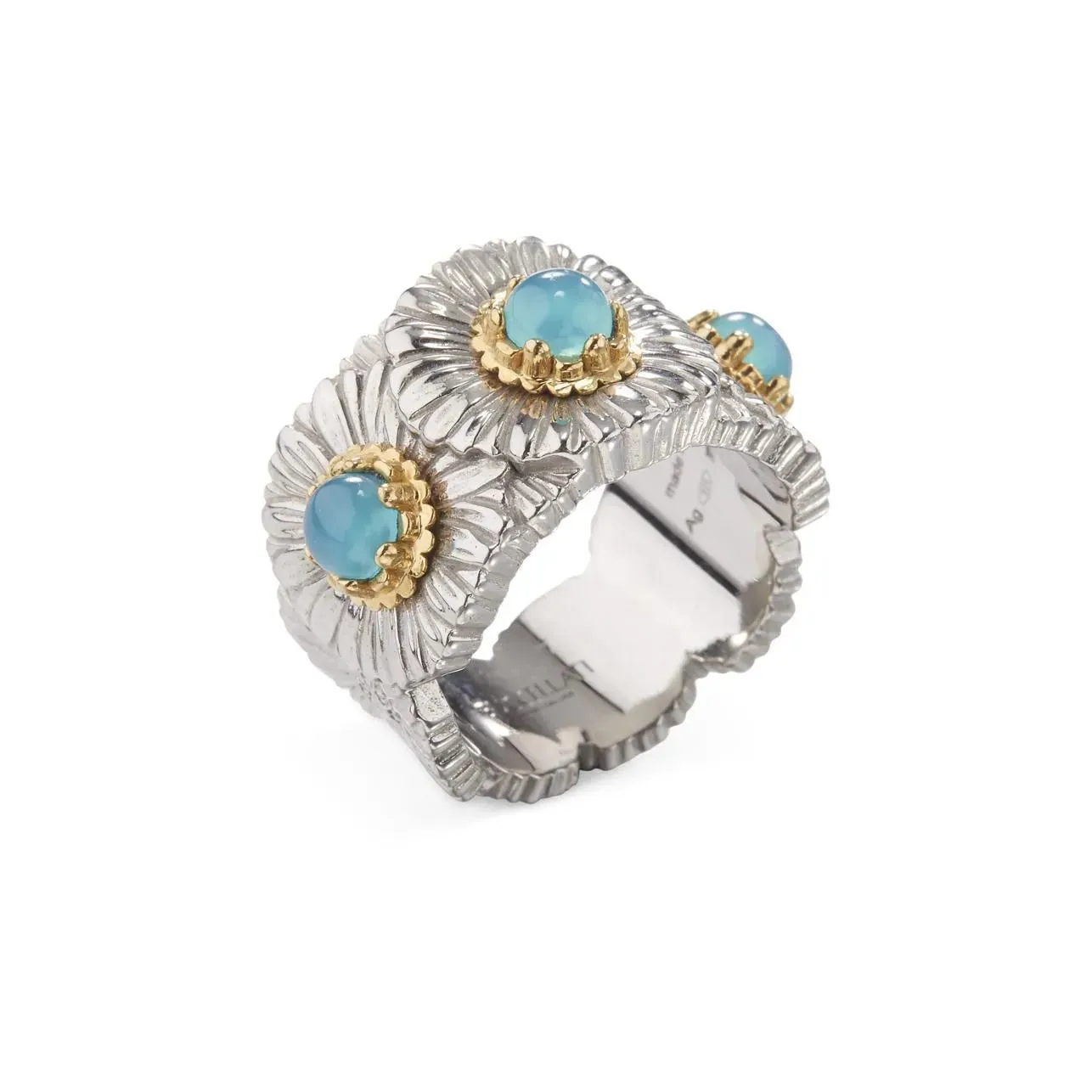 Buccellati - Blossoms Daisy - Band Ring, Sterling Silver with Gold Accents and Blue Agate