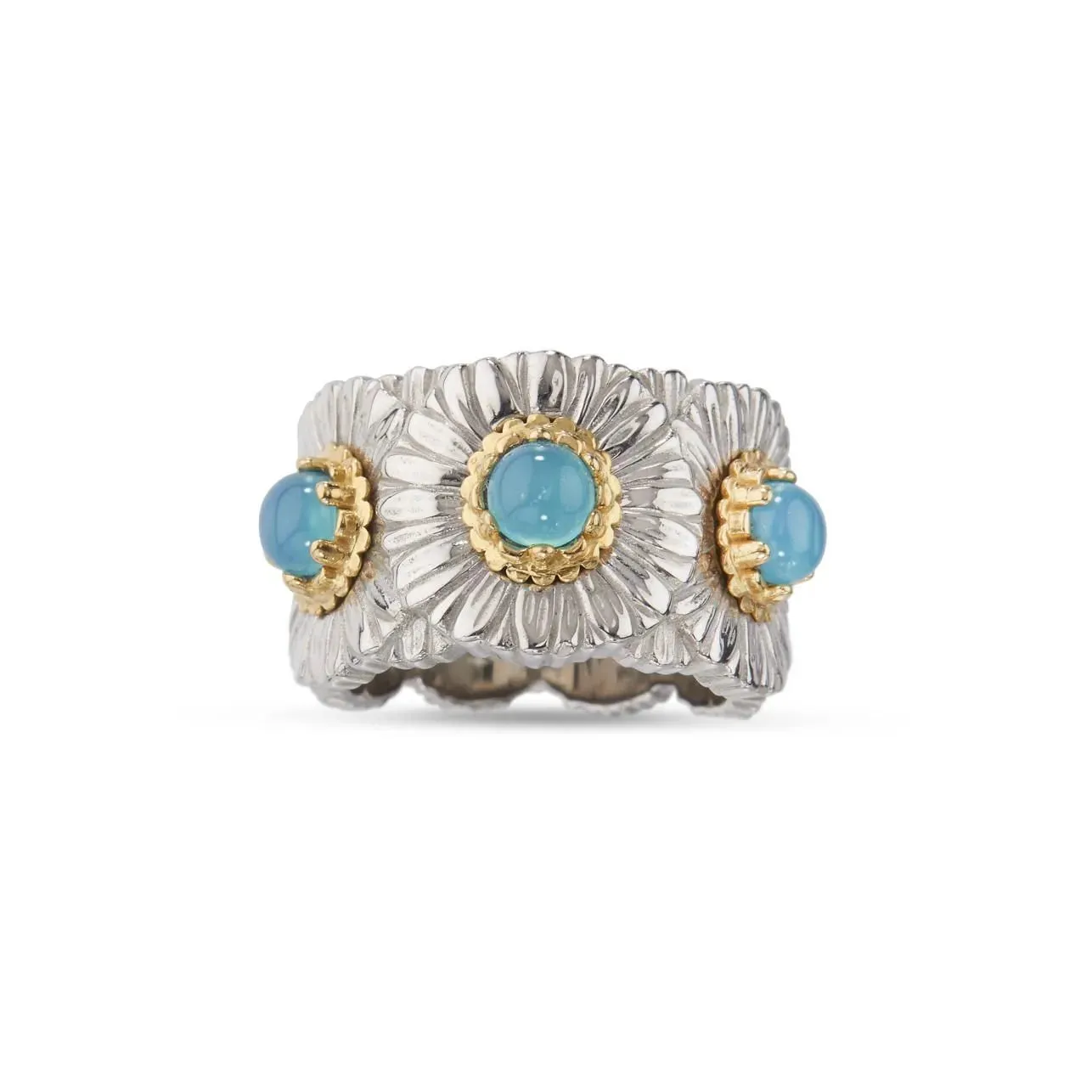 Buccellati - Blossoms Daisy - Band Ring, Sterling Silver with Gold Accents and Blue Agate