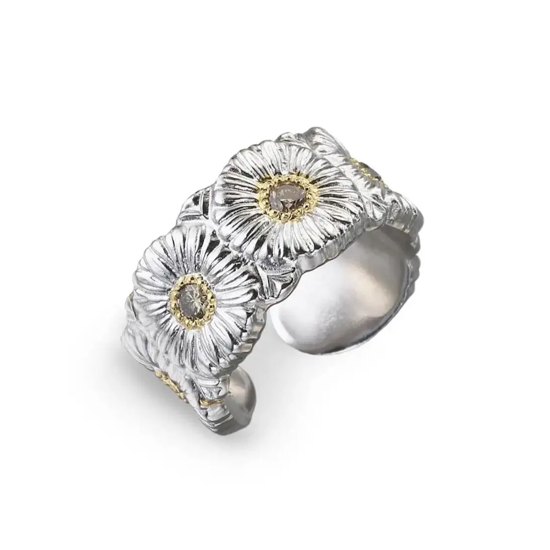 Buccellati - Blossoms Daisy - Band Ring, Sterling Silver with Gold Accents and Brown Diamonds