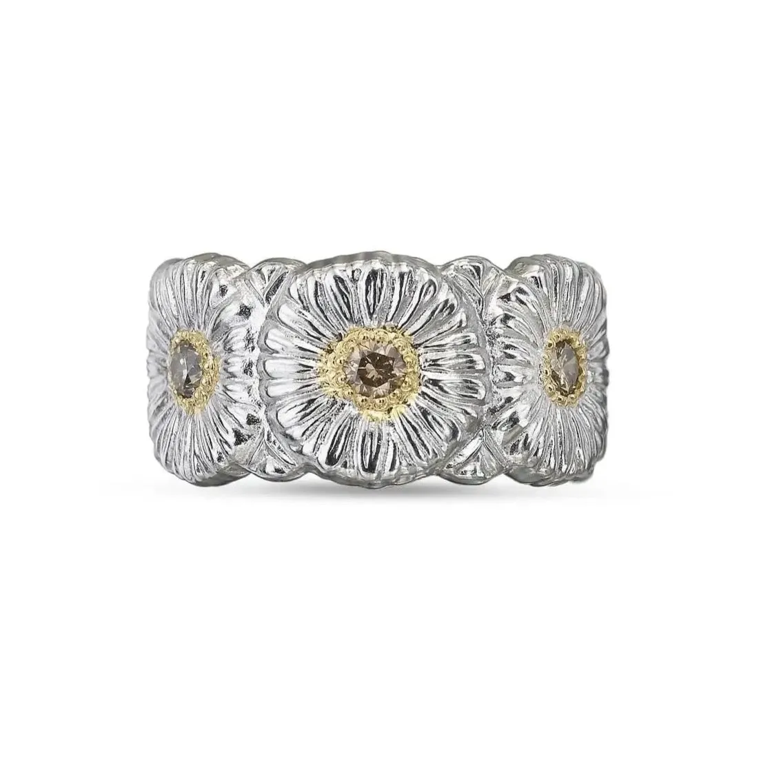 Buccellati - Blossoms Daisy - Band Ring, Sterling Silver with Gold Accents and Brown Diamonds