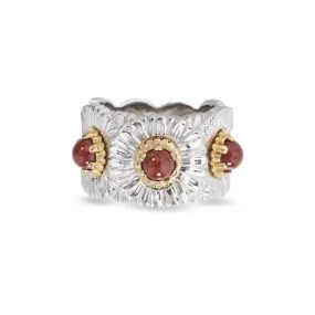 Buccellati - Blossoms Daisy - Band Ring, Sterling Silver with Gold Accents and Red Jasper