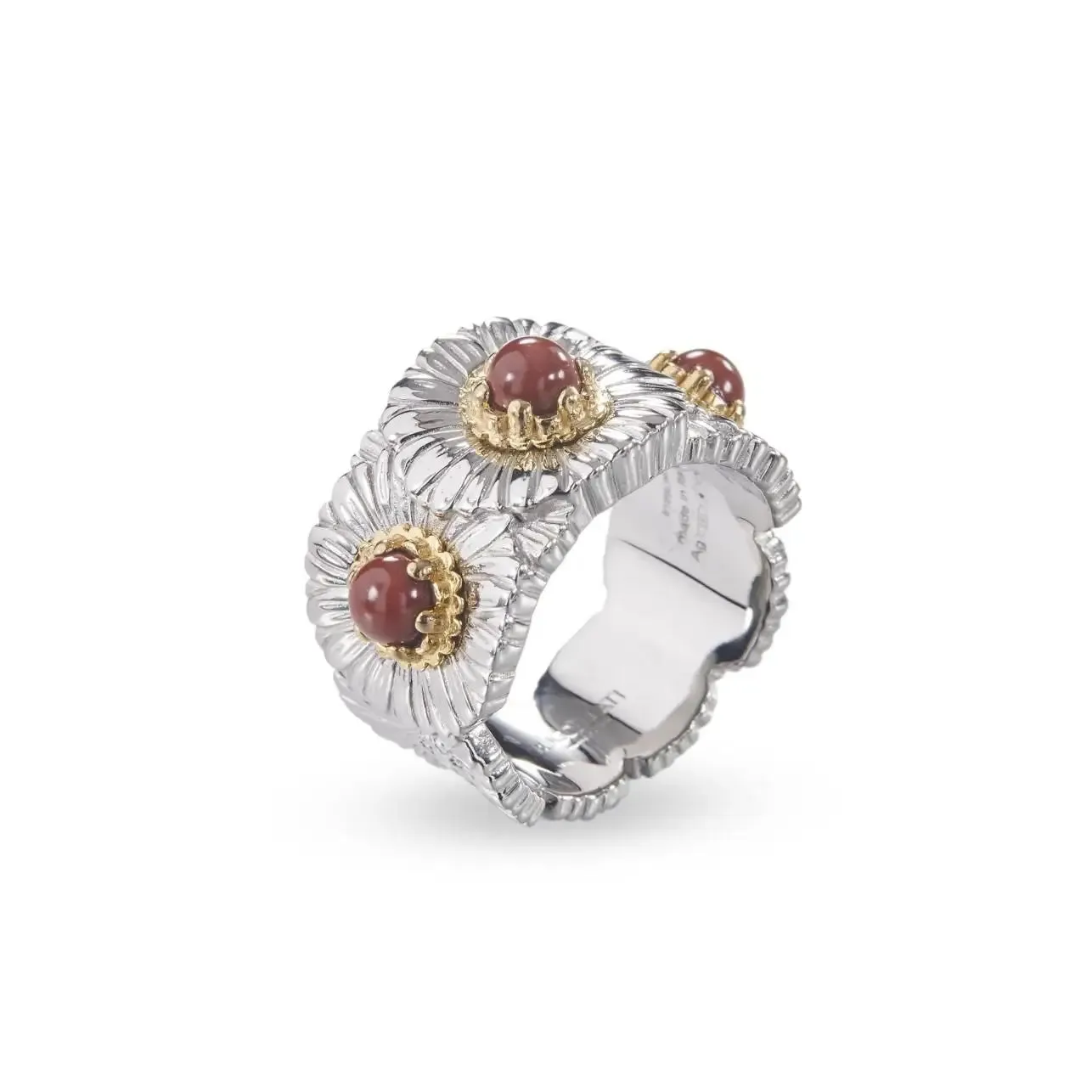 Buccellati - Blossoms Daisy - Band Ring, Sterling Silver with Gold Accents and Red Jasper