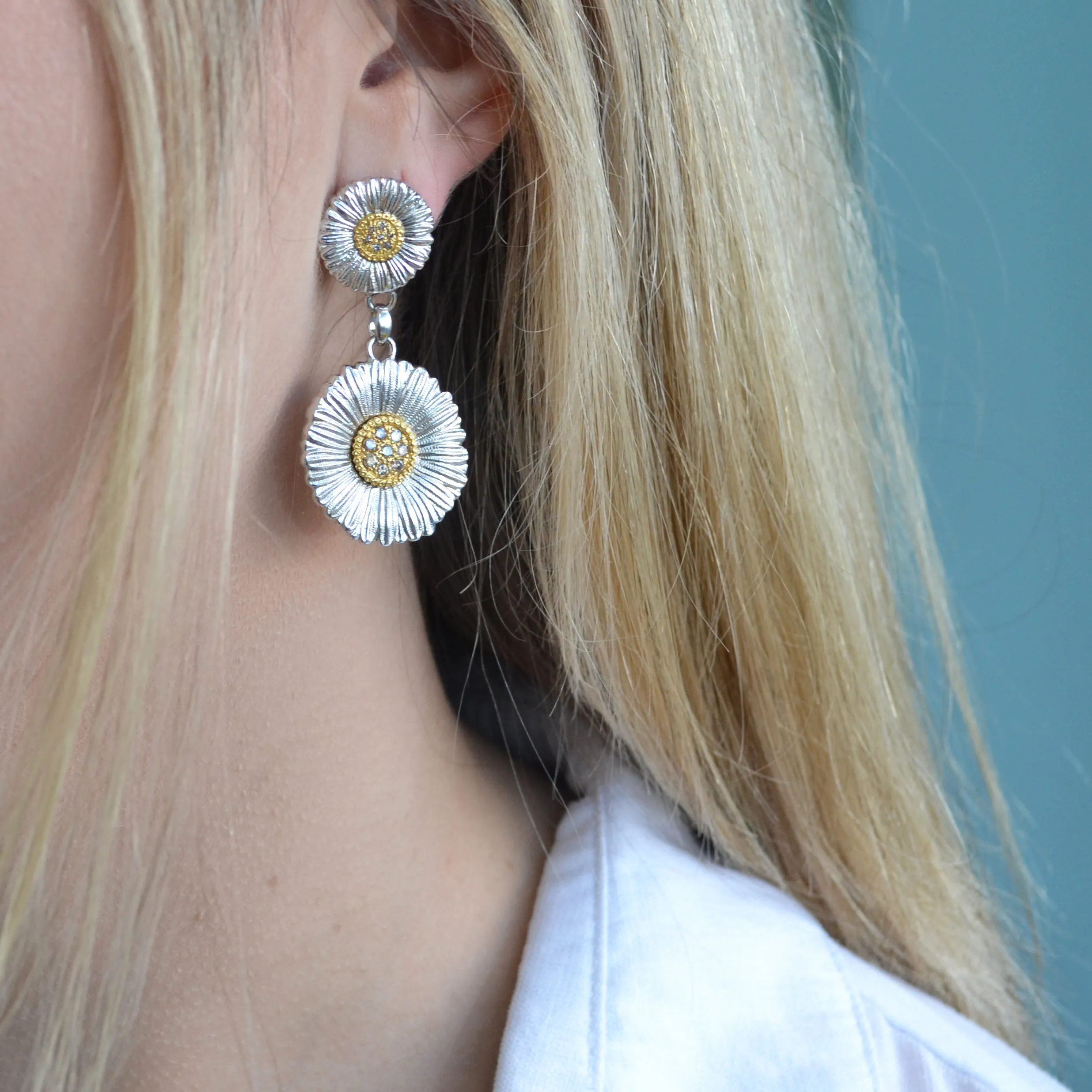 Buccellati - Blossoms Daisy - Drop Earrings with Brown Diamonds, Sterling Silver with Gold Accents