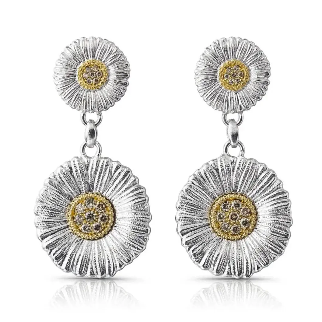 Buccellati - Blossoms Daisy - XL Drop Earrings with Brown Diamonds, Sterling Silver with Gold Accents