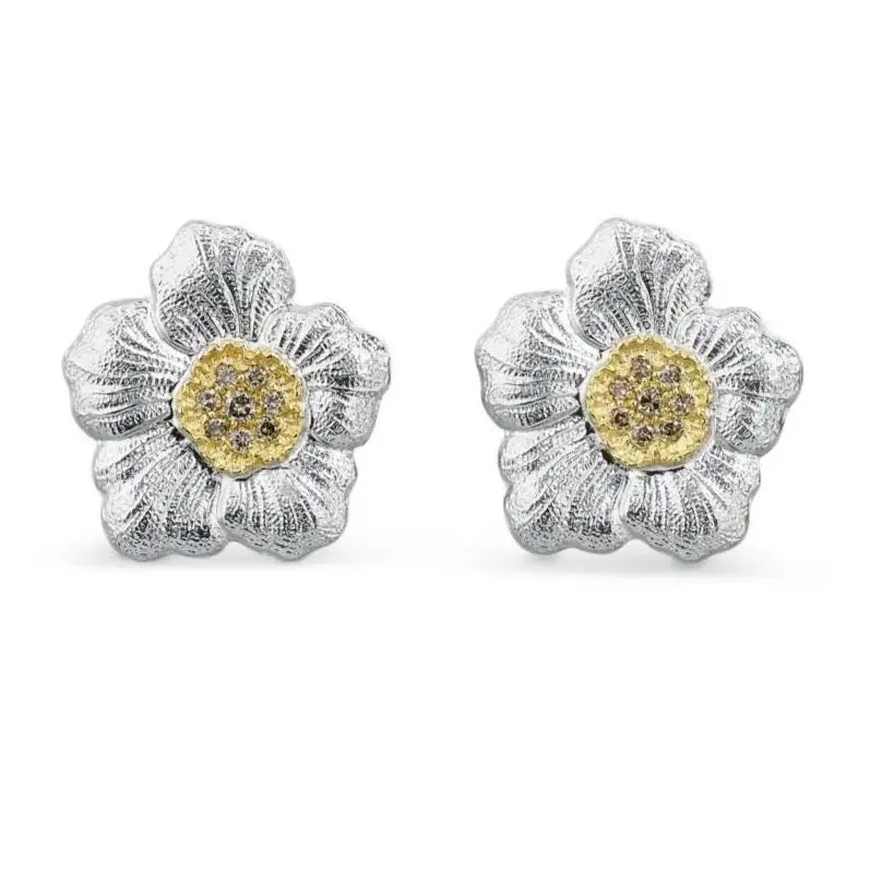 Buccellati - Blossoms Gardenia - Button Earrings with Brown Diamonds, Sterling Silver with Gold Accents