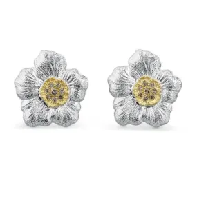 Buccellati - Blossoms Gardenia - Button Earrings with Brown Diamonds, Sterling Silver with Gold Accents