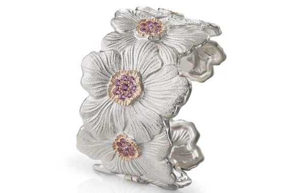 Buccellati - Blossoms Gardenia - Cuff Bracelet with Pink Sapphires, Sterling Silver with Gold Accents