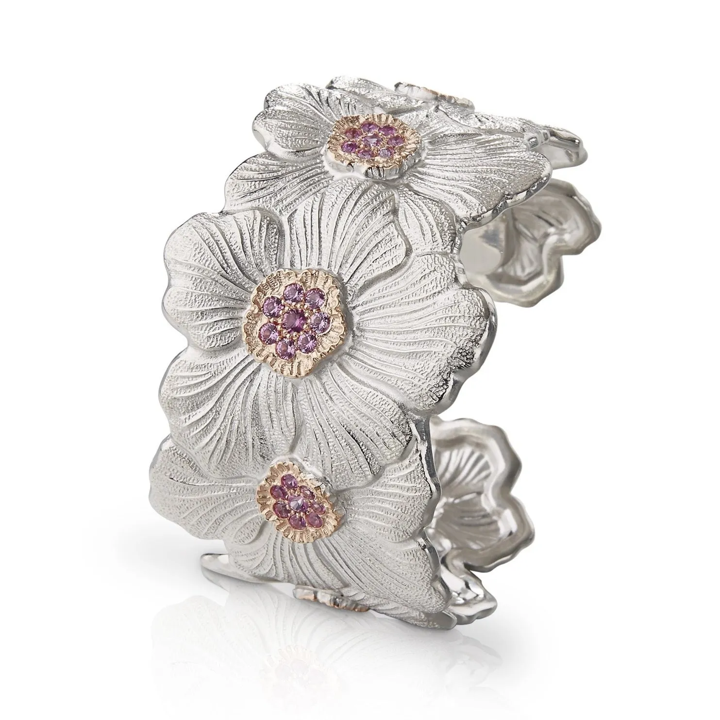 Buccellati - Blossoms Gardenia - Cuff Bracelet with Pink Sapphires, Sterling Silver with Gold Accents