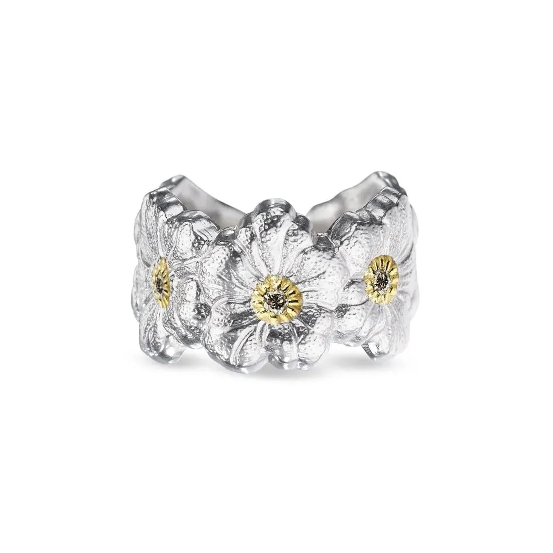 Buccellati - Blossoms Gardenia - Eternelle Band Ring with Brown Diamonds, Sterling Silver with Gold Accents