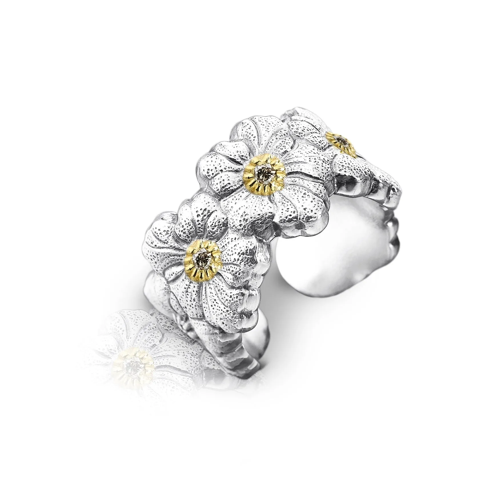 Buccellati - Blossoms Gardenia - Eternelle Band Ring with Brown Diamonds, Sterling Silver with Gold Accents