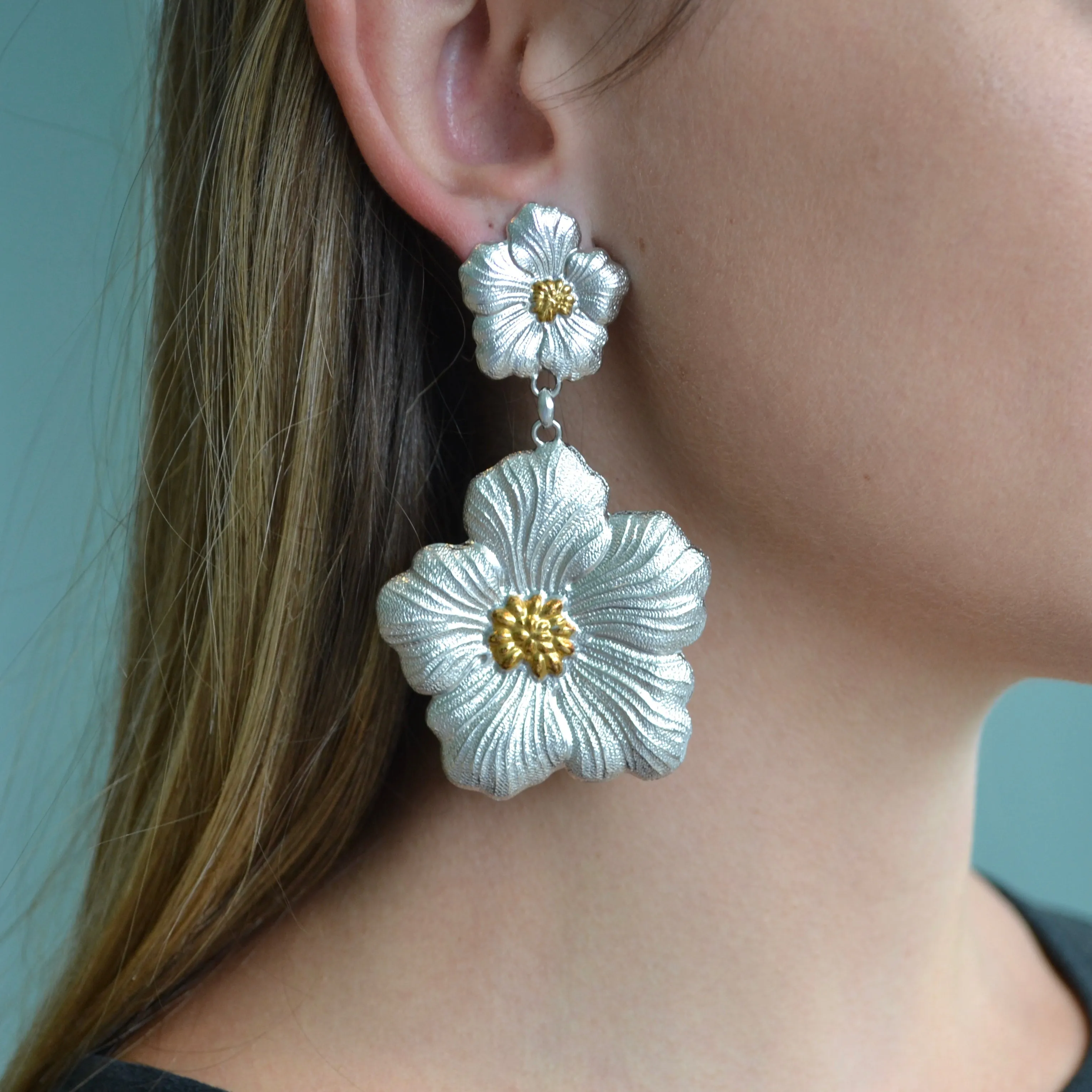 Buccellati - Blossoms Gardenia - Large Drop Earrings Sterling Silver with Gold Accents