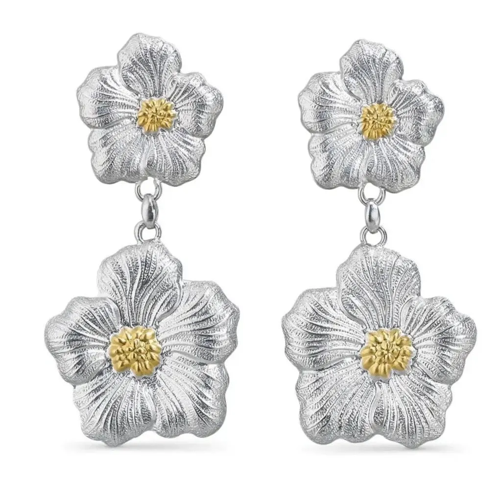 Buccellati - Blossoms Gardenia - Large Drop Earrings Sterling Silver with Gold Accents